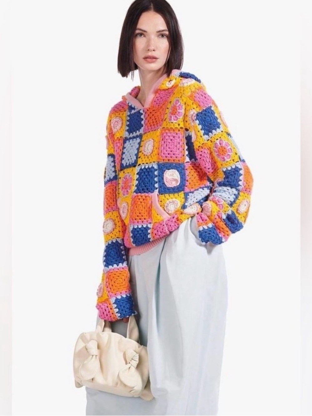 STAUD Calla Crochet Hoodie vibrant, multicolored granny-square patchwork small